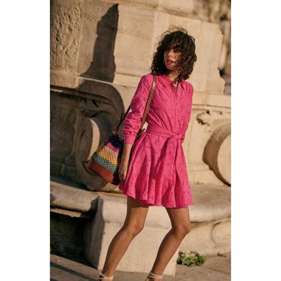 Sezane Pink Sol Swing Lace Crochet Button Down Mini Shirt Dress Size 34/US 2 - Picture 1 of 5